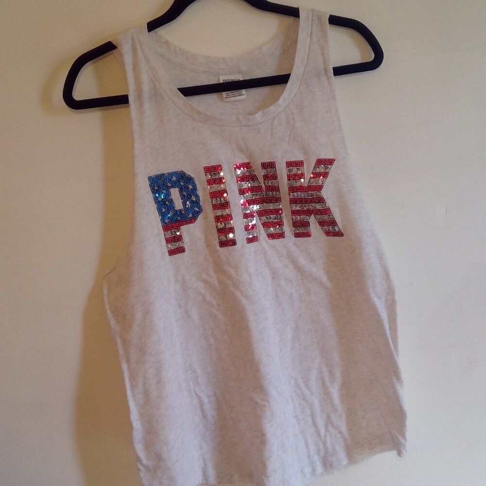 VICTORIA SECRET PINK Sequim USA Flag Muscle Shirt Size Large